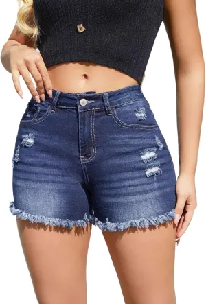 Denim Shorts Women Ripped Cutoffs Frayed Hem Stretch Jean Short Casual Mid Waist Stretchy Denim Short with Pockets