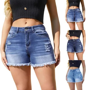 Denim Shorts Women Ripped Cutoffs Frayed Hem Stretch Jean Short Casual Mid Waist Stretchy Denim Short with Pockets