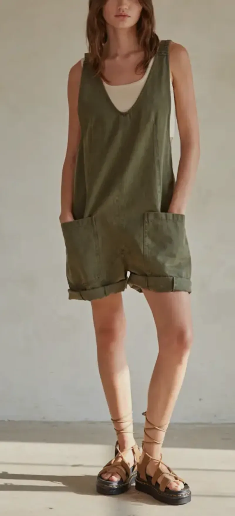 Denim Wide Leg Overall Romper In Olive By Together