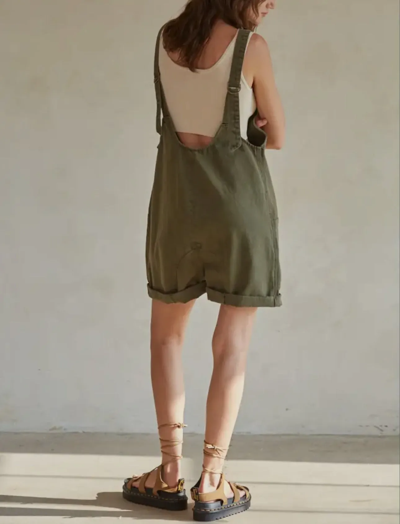 Denim Wide Leg Overall Romper In Olive By Together