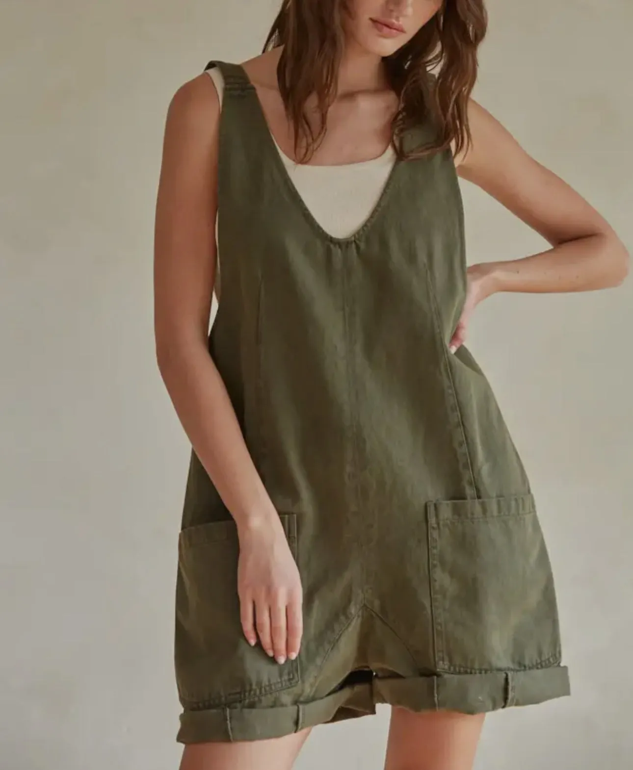 Denim Wide Leg Overall Romper In Olive By Together