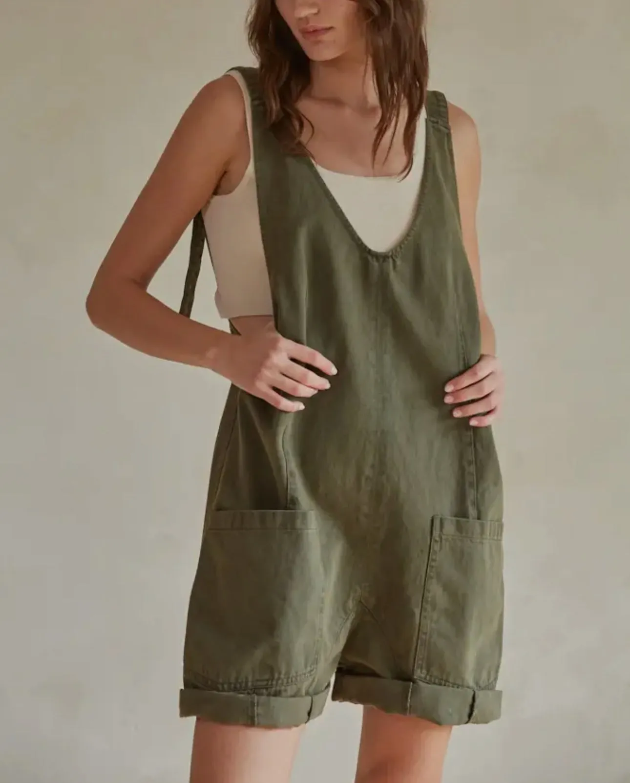 Denim Wide Leg Overall Romper In Olive By Together