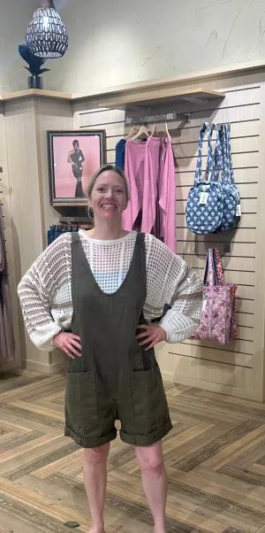 Denim Wide Leg Overall Romper In Olive By Together