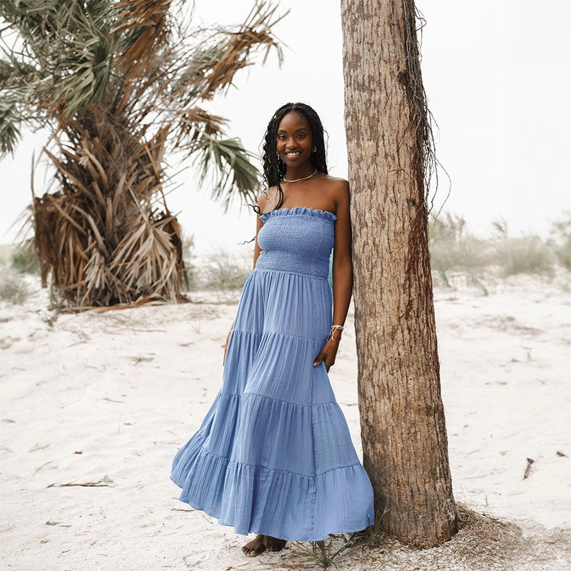 Denim Blue Cotton Mai Tai Strapless Maxi Dress color block