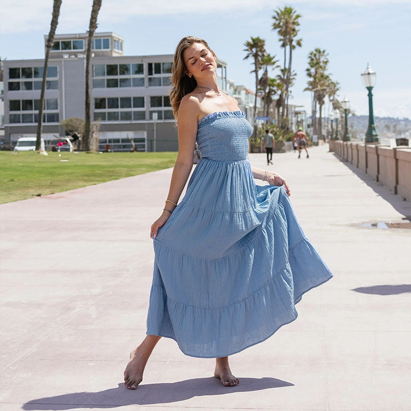 Denim Blue Cotton Mai Tai Strapless Maxi Dress High Rise Lightweight Material