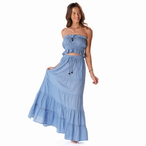 Denim Blue Shipwrecked Maxi Skirt Slim Fit Band Print Mix