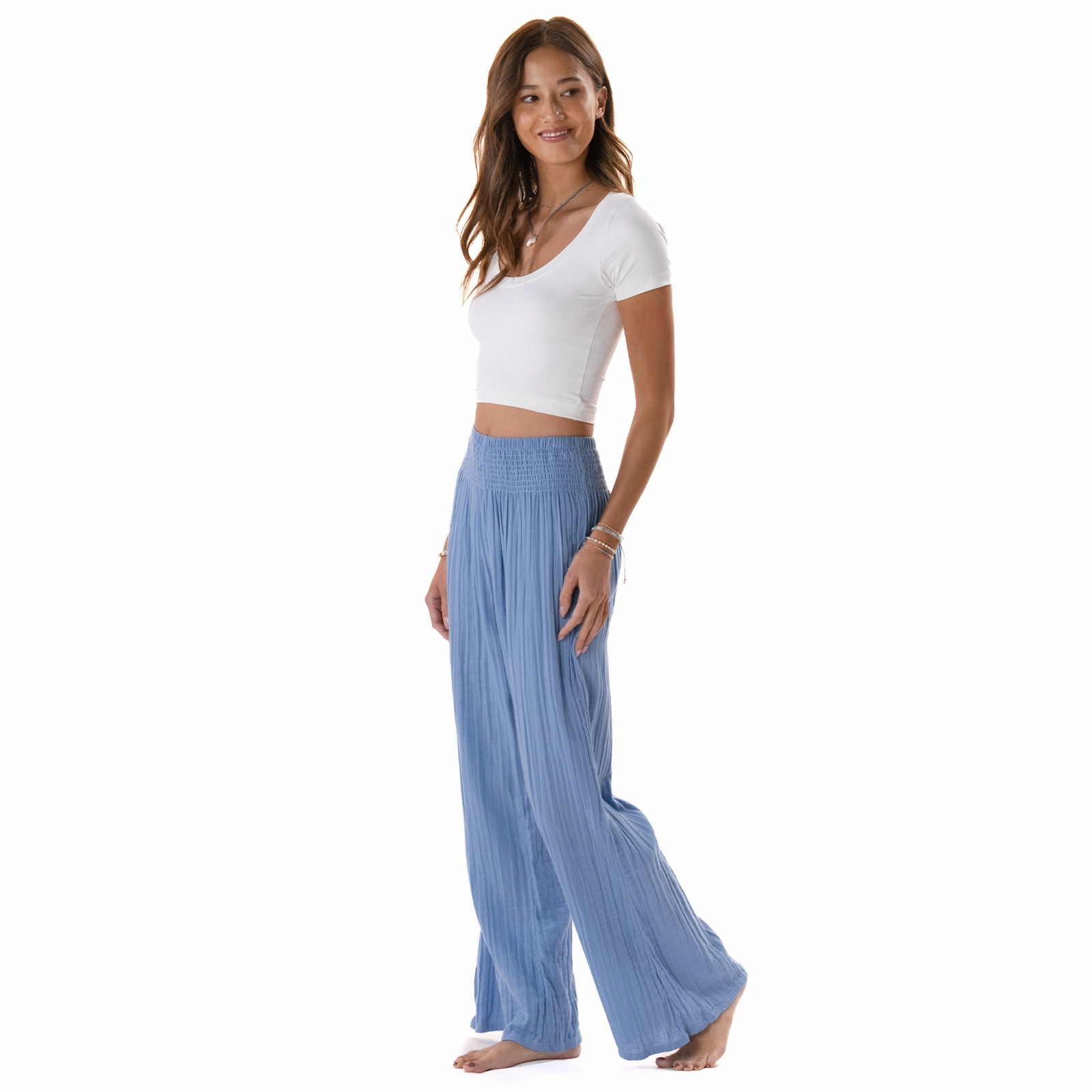 Commuter Fit Denim Blue Wide Leg Cotton Pants