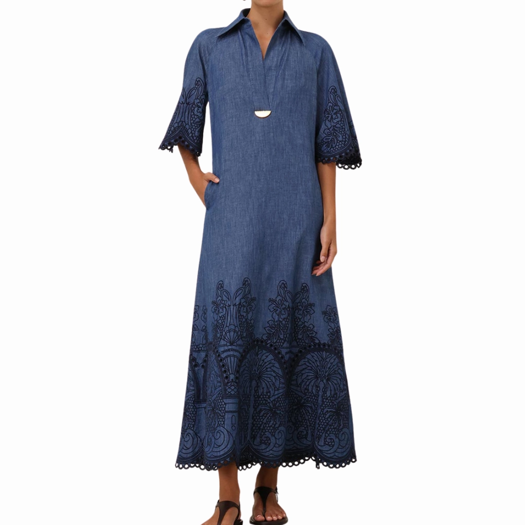 Denim Embroidered Maxi Dress Zip-Closure Layered Look