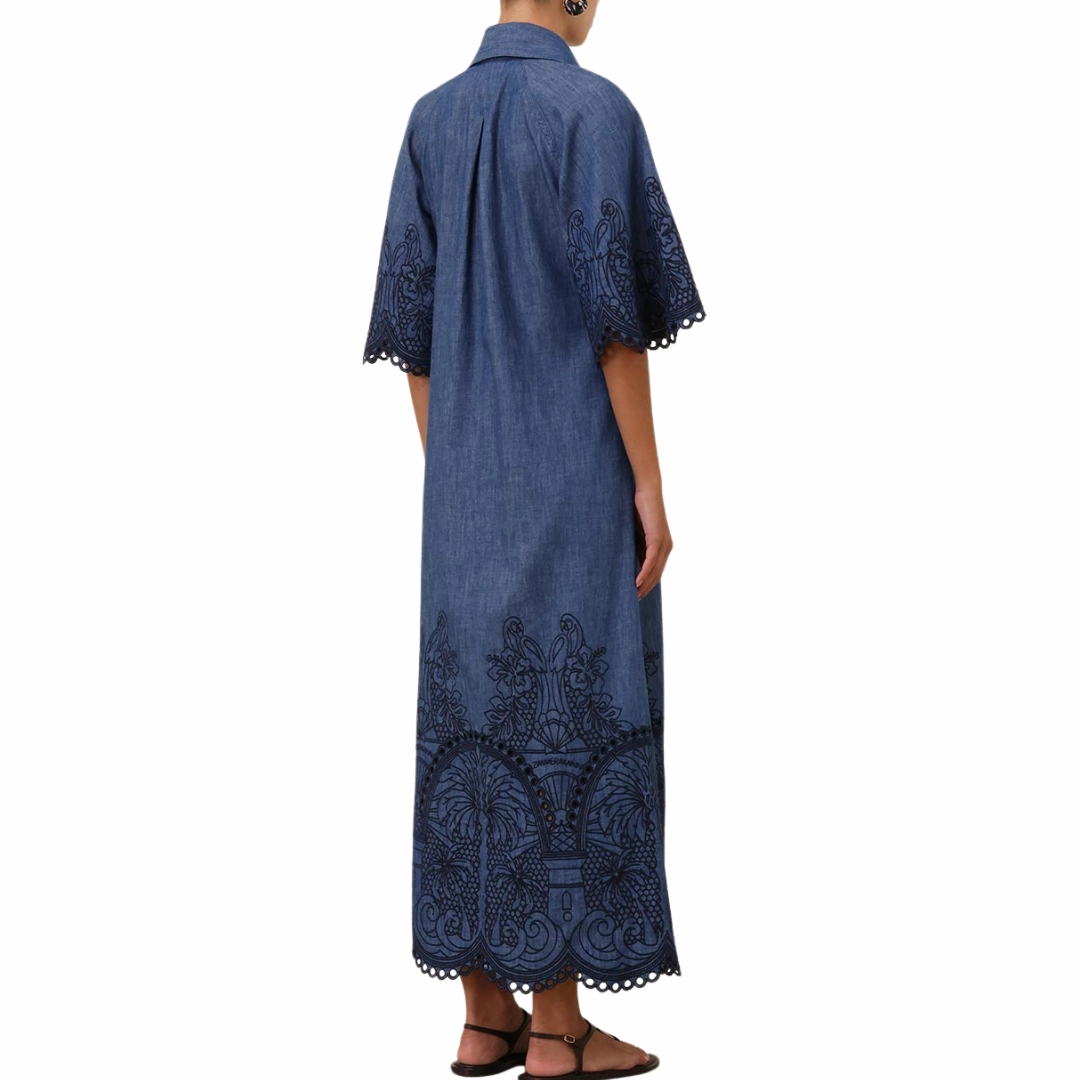 Denim Embroidered Maxi Dress Night Style Trendy Cut
