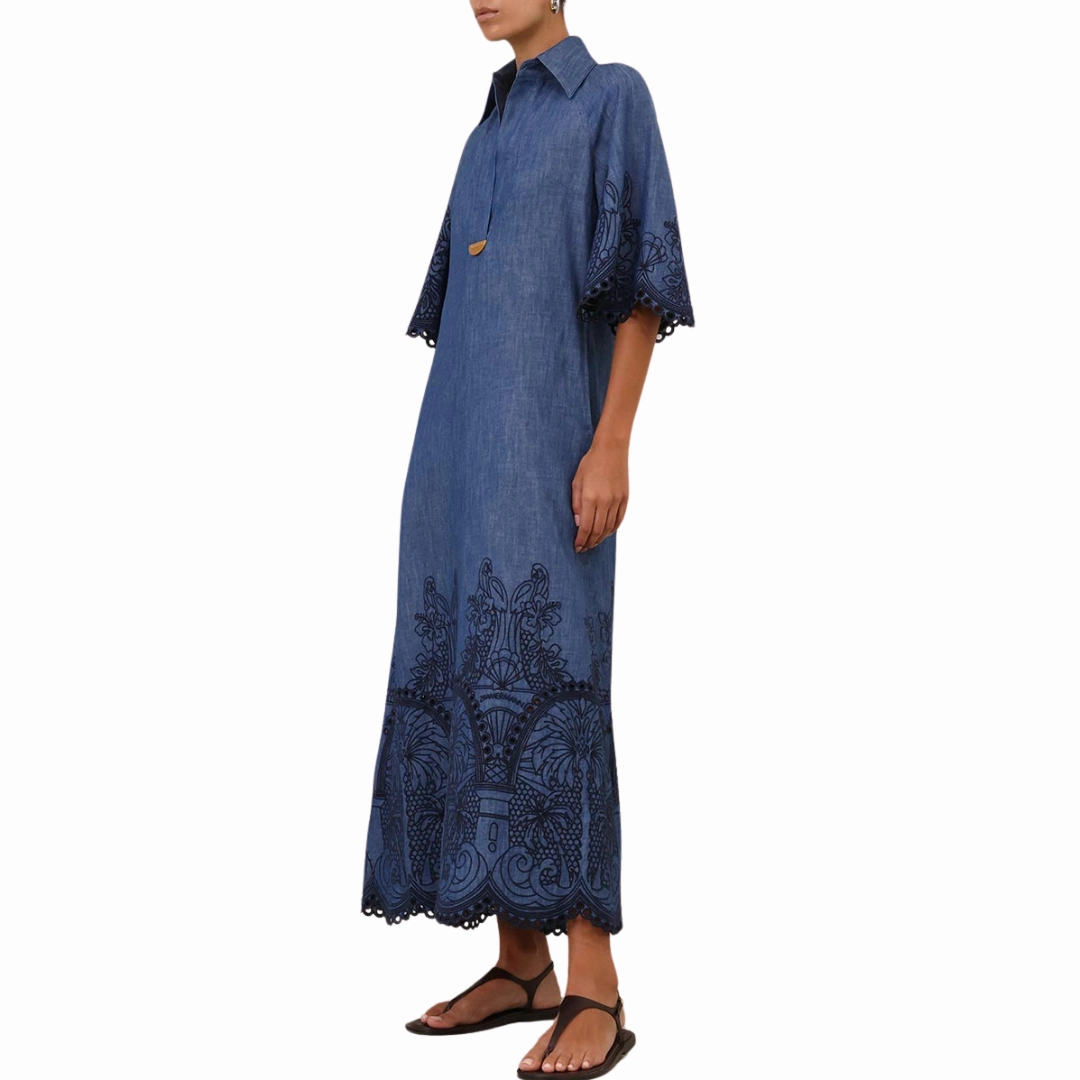 Denim Embroidered Maxi Dress Soft Weave everyday staple