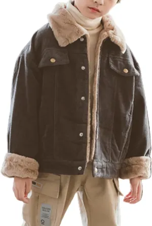 DESESE Toddler Boy Corduroy Jacket Bomber Jacket,Winter Notch Collar Coat Sherpa Lined Lapel Button Warm Outerwear