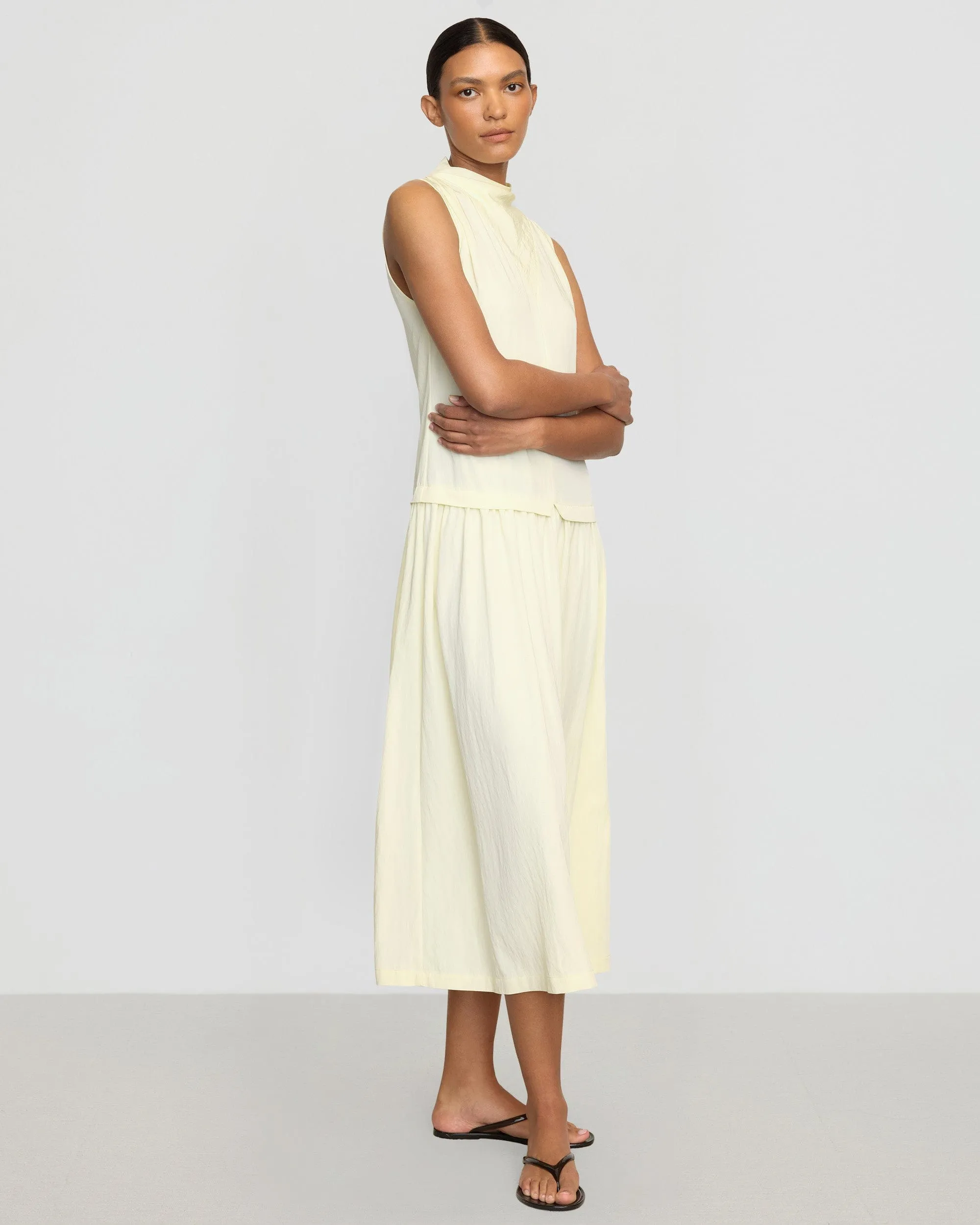 Chinon Drop-Waist Gathered-Neck Dress Smooth Tone Grace Flow