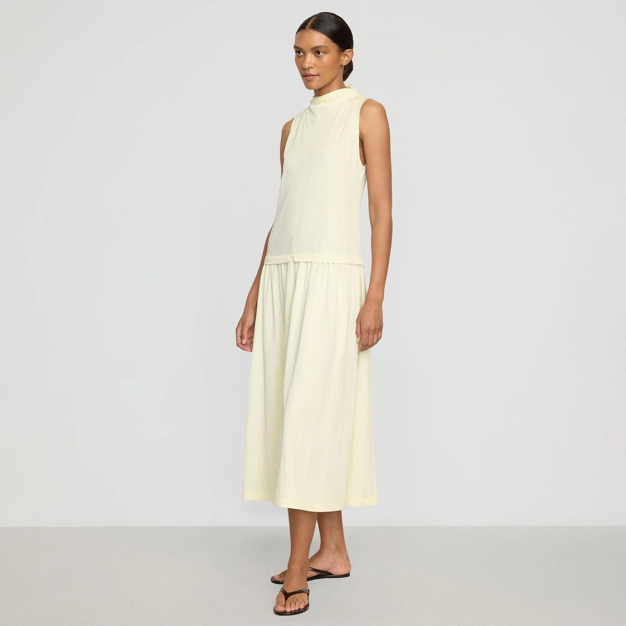 Chinon Drop-Waist Gathered-Neck Dress High Hemline