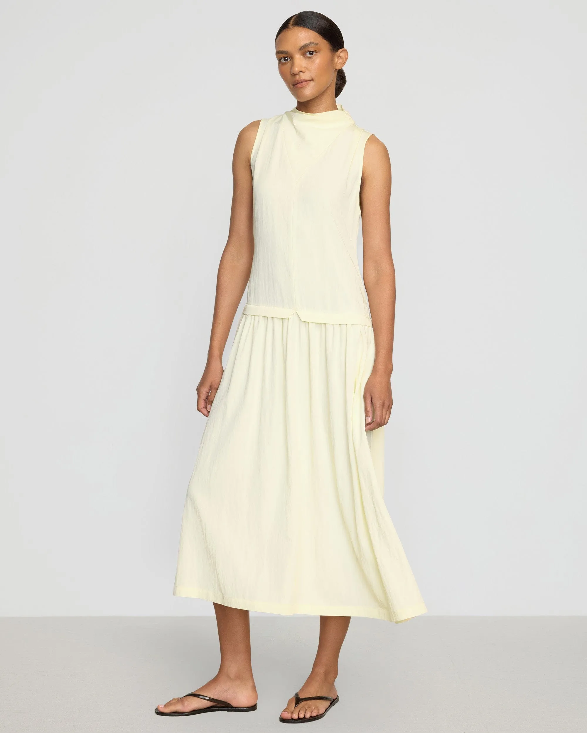 Chic Casual Wear Anniversary-Event Chinon Drop-Waist Gathered-Neck Dress