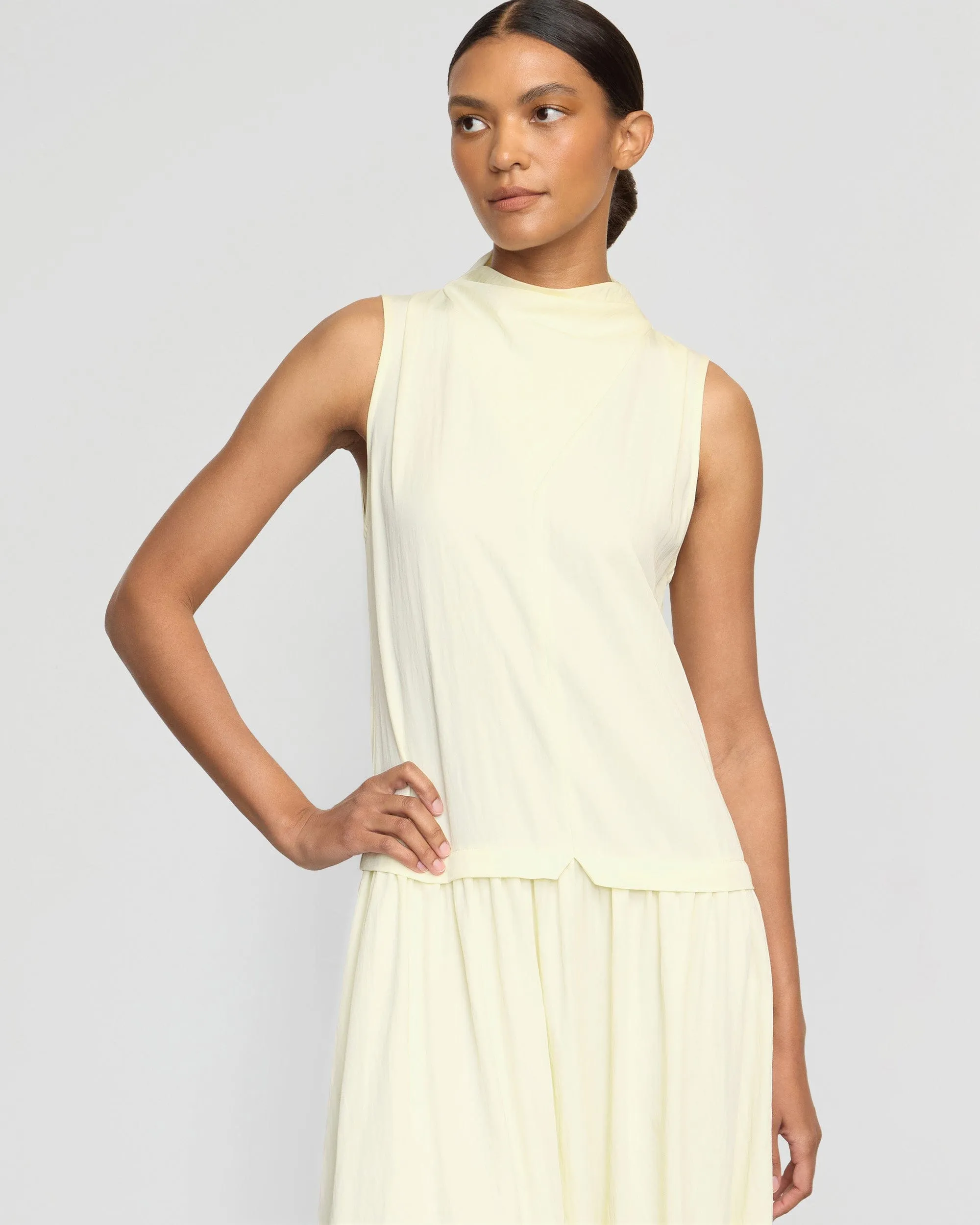 Polite Tone Chinon Drop-Waist Gathered-Neck Dress