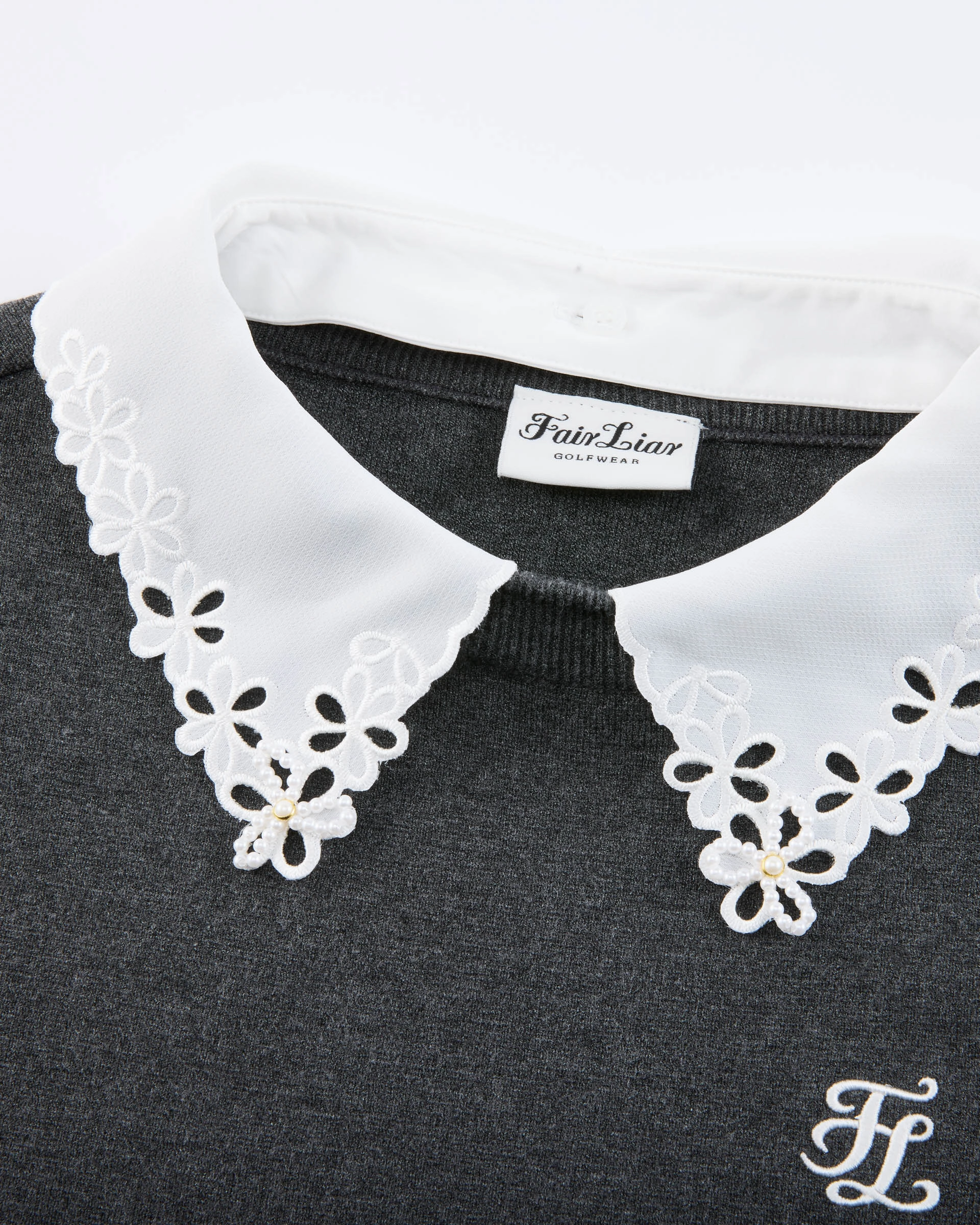 Moisture Wicking Fabric Detachable beaded lace collar knit - Charcoal gray