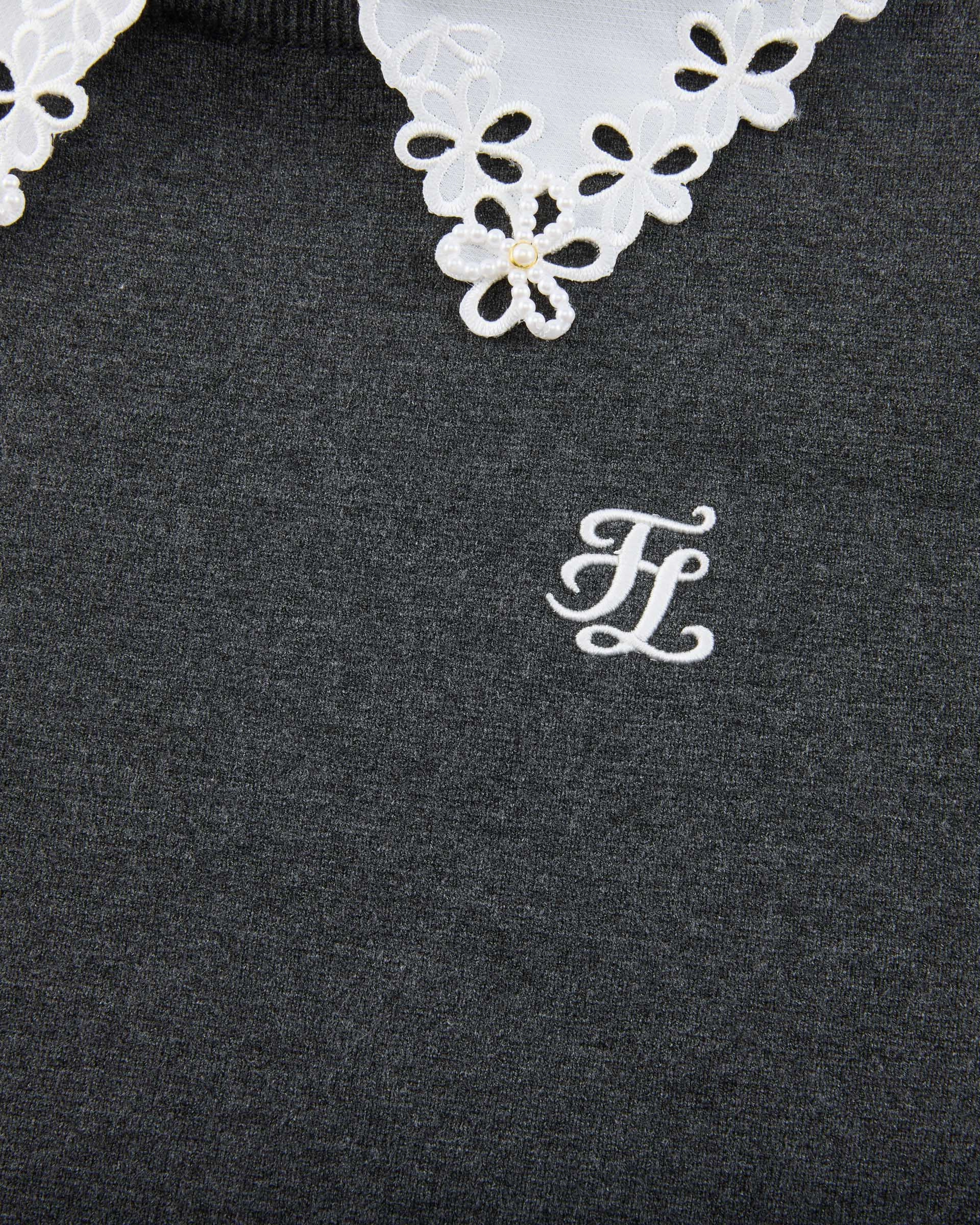 Detachable beaded lace collar knit - Charcoal gray Double Layered Fabric Formal Blouse