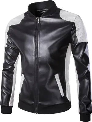 DGHM-JLMY Mens Classic Faux Leather Jacket White Black Moto Bomber Fashion Slim Fit Coat Motorcycle Bomber Jackets