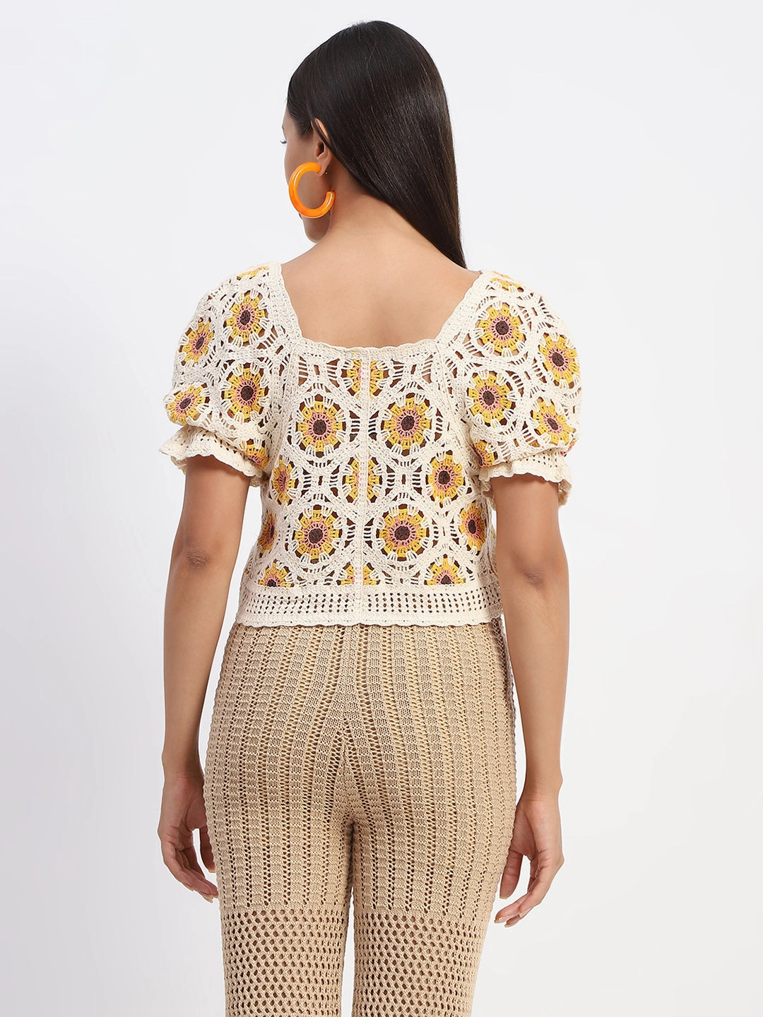 Scoop Neck Shape Modern Silhouette Madame Floral Print Beige Cotton Crochet Top