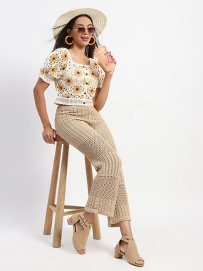 Long Sleeve Shirt Madame Floral Print Beige Cotton Crochet Top