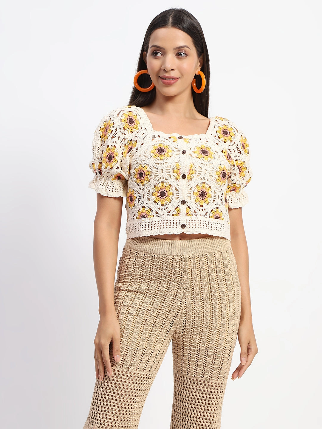 LongWearingComfort StaticResistantFabric Madame Floral Print Beige Cotton Crochet Top