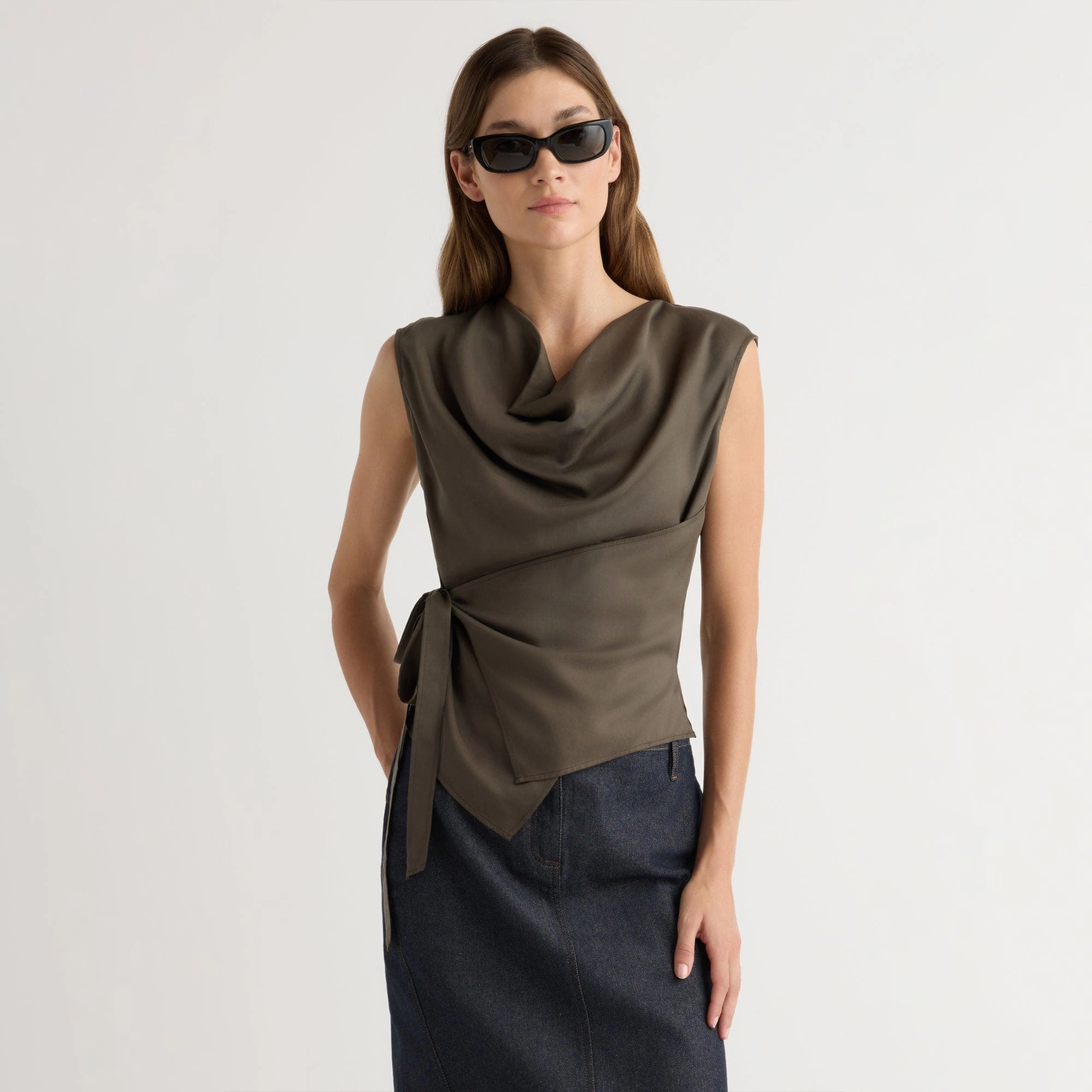 DoubleLayeredShoulders Dion Tencel Cowl-Neck Wrap Blouse