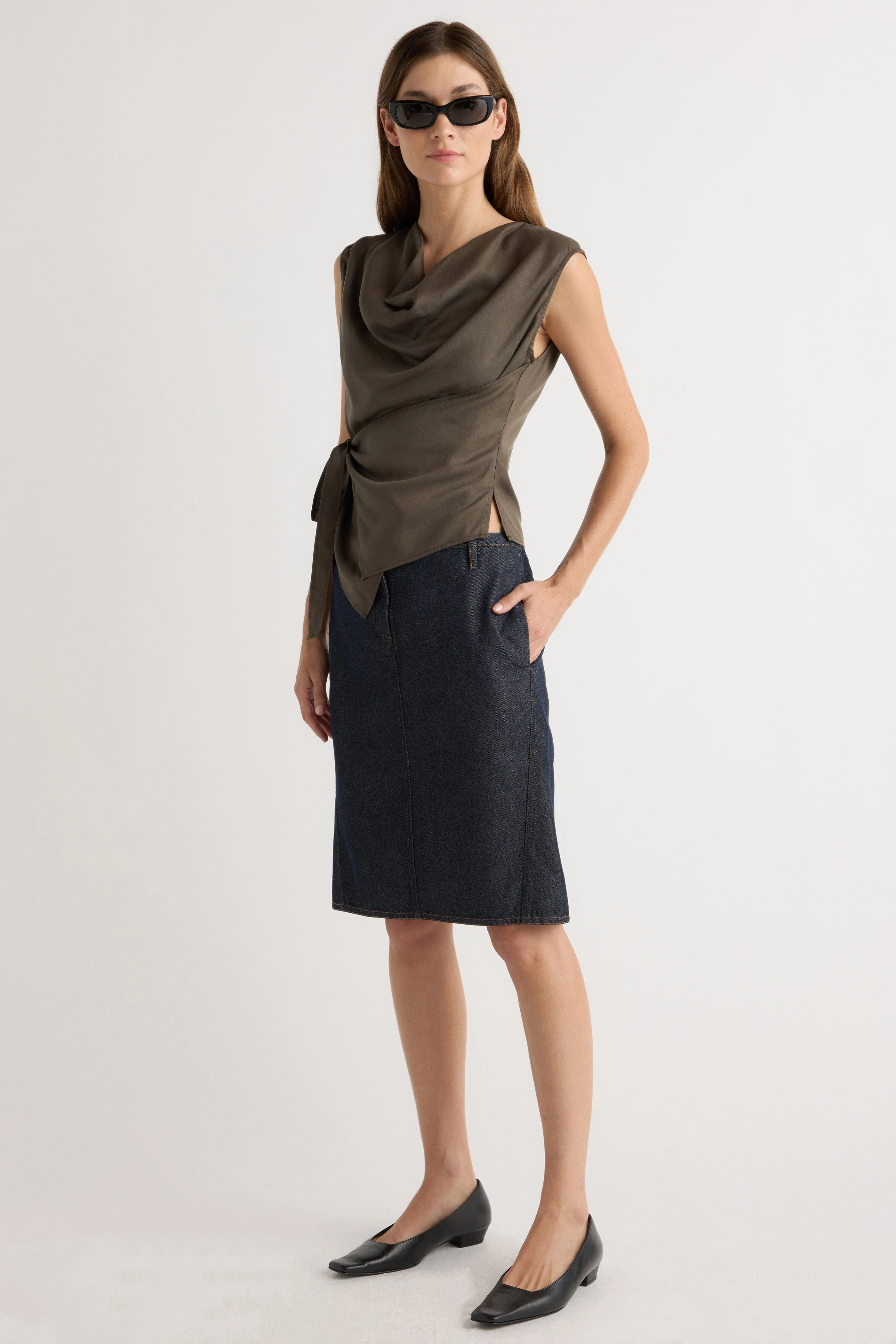 Dion Tencel Cowl-Neck Wrap Blouse Flatlock Seam Design OrganicCottonBlend
