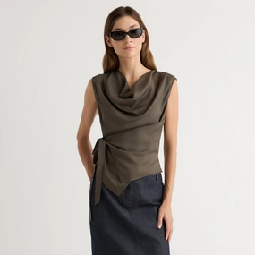 DoubleLayeredShoulders Dion Tencel Cowl-Neck Wrap Blouse