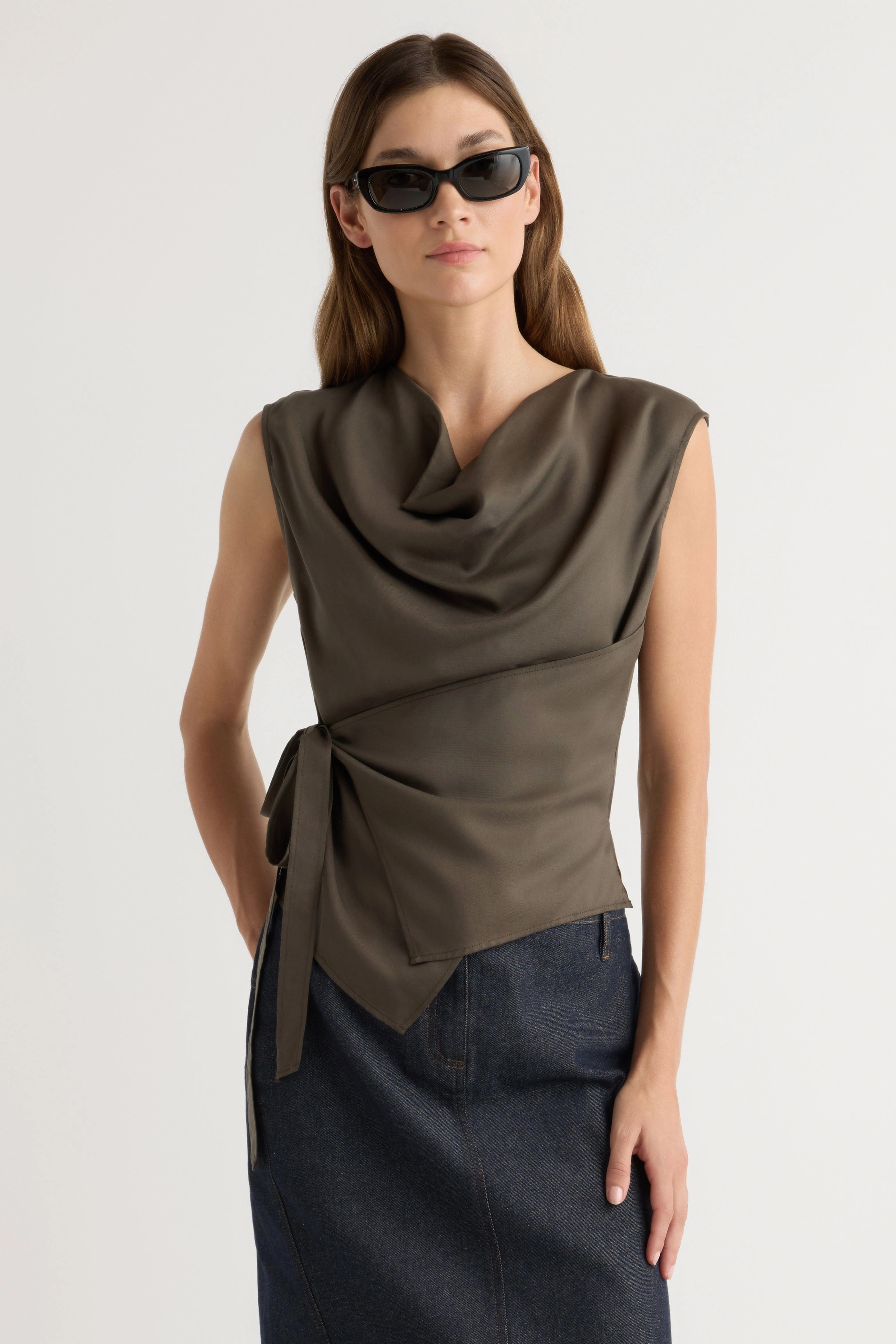 Minimalist Aesthetic Dion Tencel Cowl-Neck Wrap Blouse