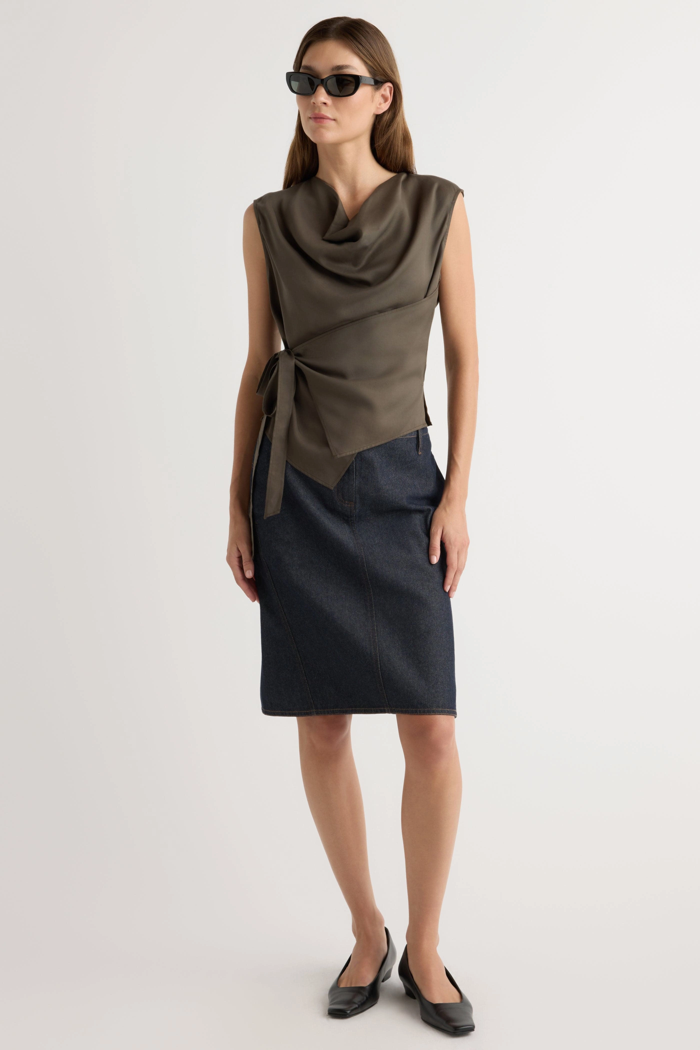 Dion Tencel Cowl-Neck Wrap Blouse ReinforcedEdges RawHemDetail