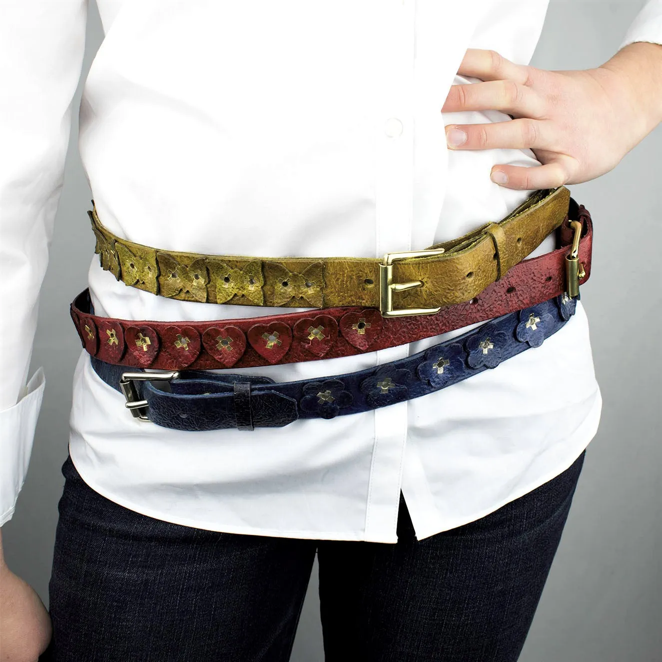 Distressed Cadet Blue Vintage Leather Belt with Flowers, Stainless Steel Rivets and Buckle