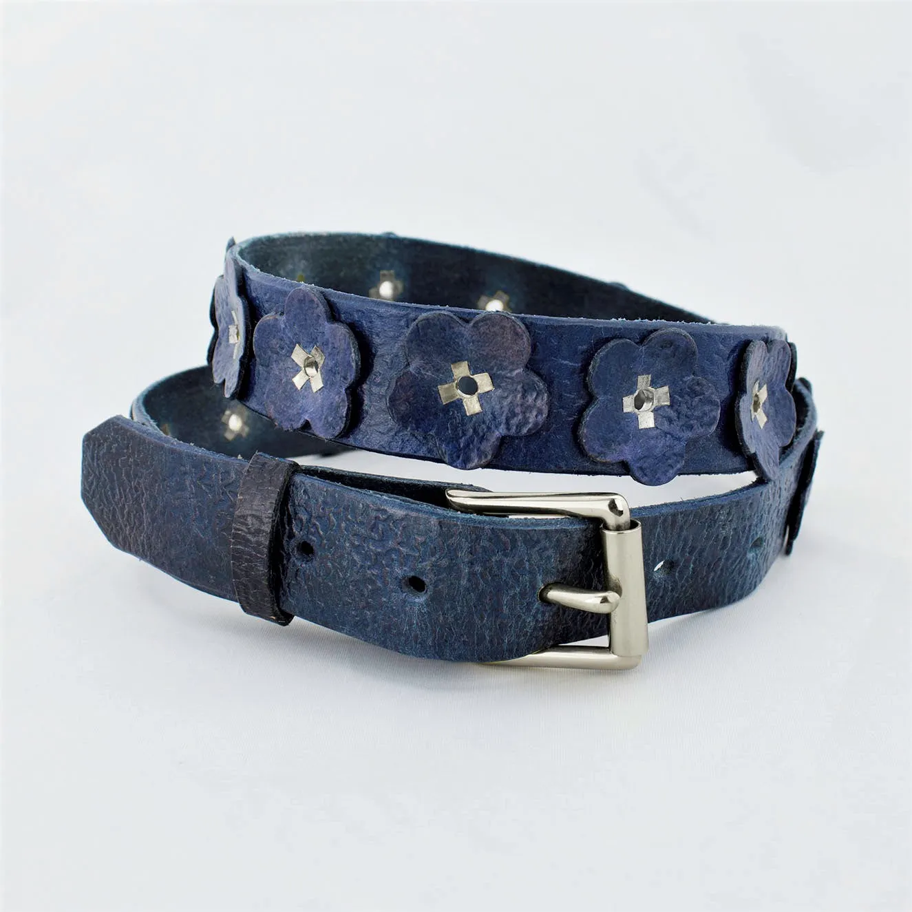 Distressed Cadet Blue Vintage Leather Belt with Flowers, Stainless Steel Rivets and Buckle