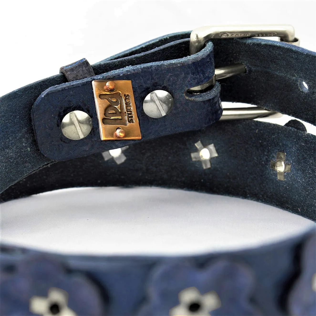 Distressed Cadet Blue Vintage Leather Belt with Flowers, Stainless Steel Rivets and Buckle
