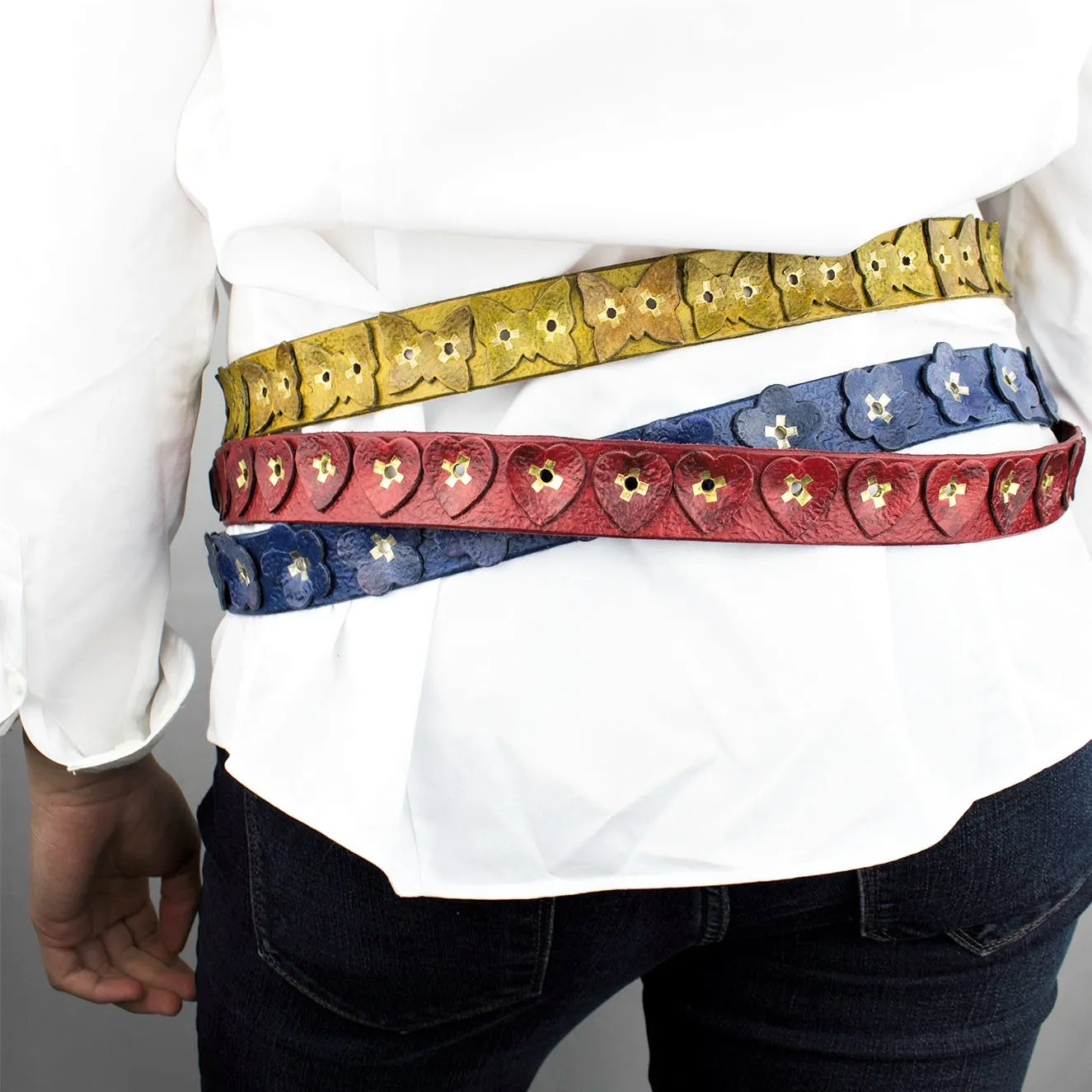 Distressed Cadet Blue Vintage Leather Belt with Flowers, Stainless Steel Rivets and Buckle