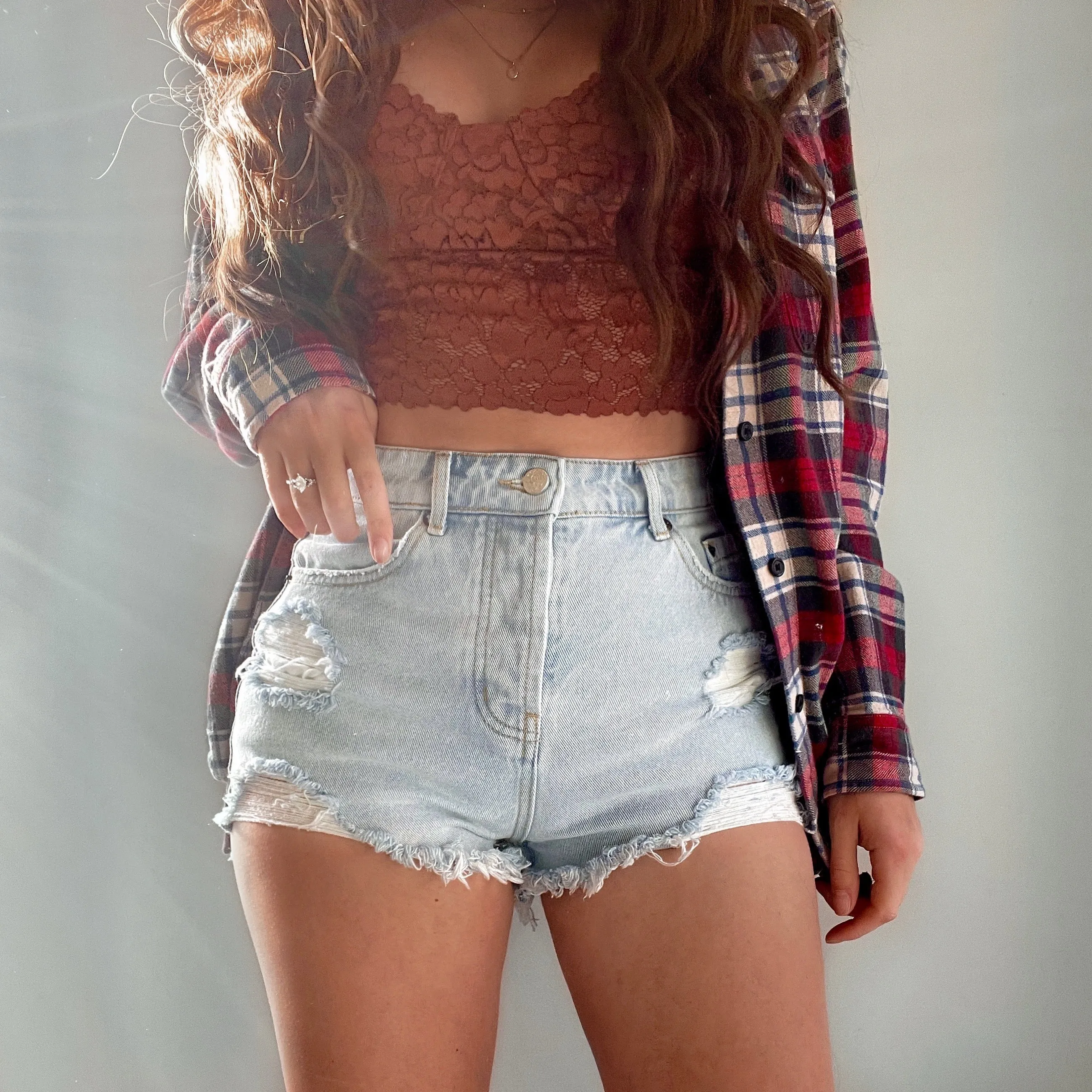 Distressed High Waisted Denim Shorts  - The Clementine