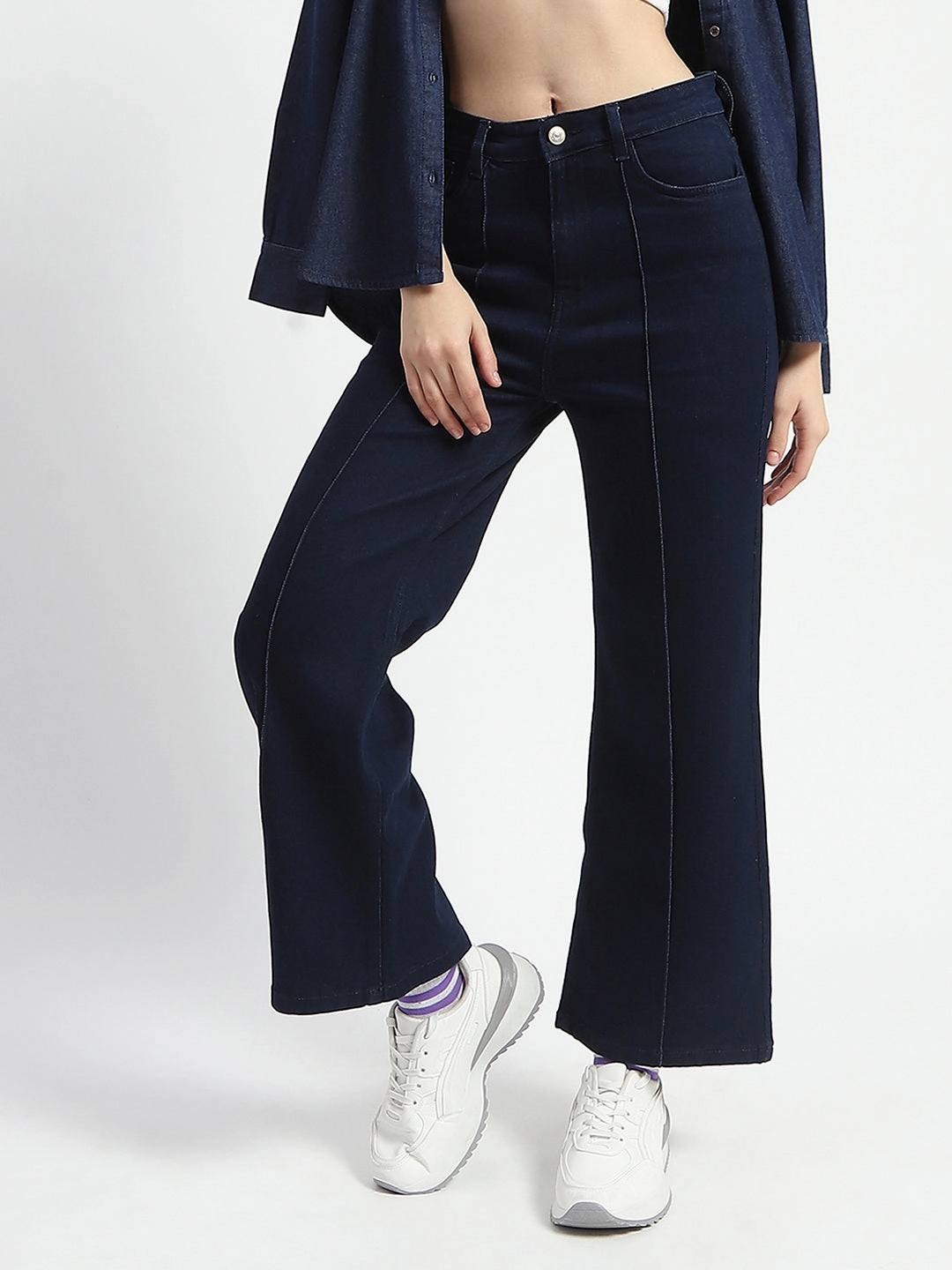 Madame Cotton Blend Single Pleat Wide Leg Dark Blue Denim Jeans Eco Friendly Production