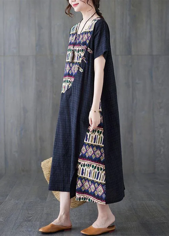 DIY Blue O-Neck asymmetrical design Summer Cotton Dress