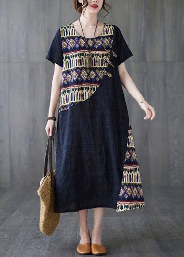 DIY Blue O-Neck asymmetrical design Summer Cotton Dress