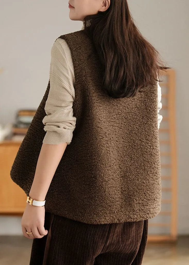 diy Coffee Embroideried asymmetrical design Faux Fur Vest Sleeveless