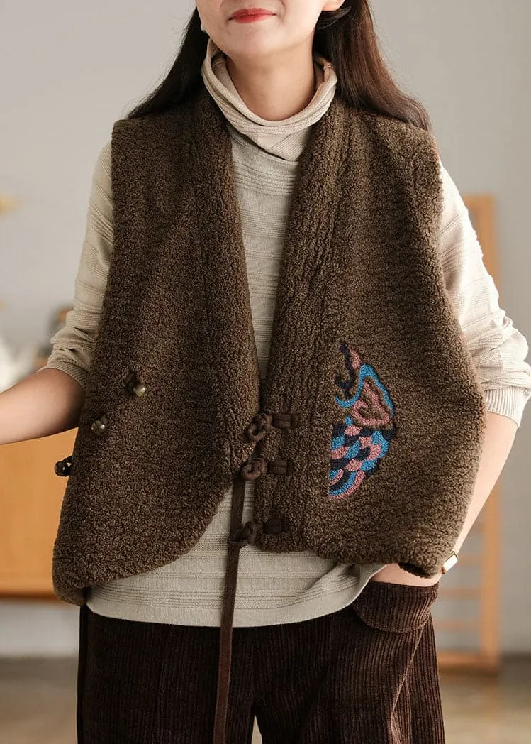 diy Coffee Embroideried asymmetrical design Faux Fur Vest Sleeveless
