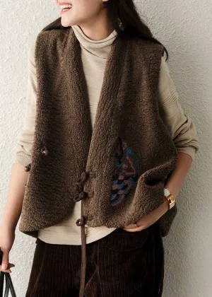 diy Coffee Embroideried asymmetrical design Faux Fur Vest Sleeveless