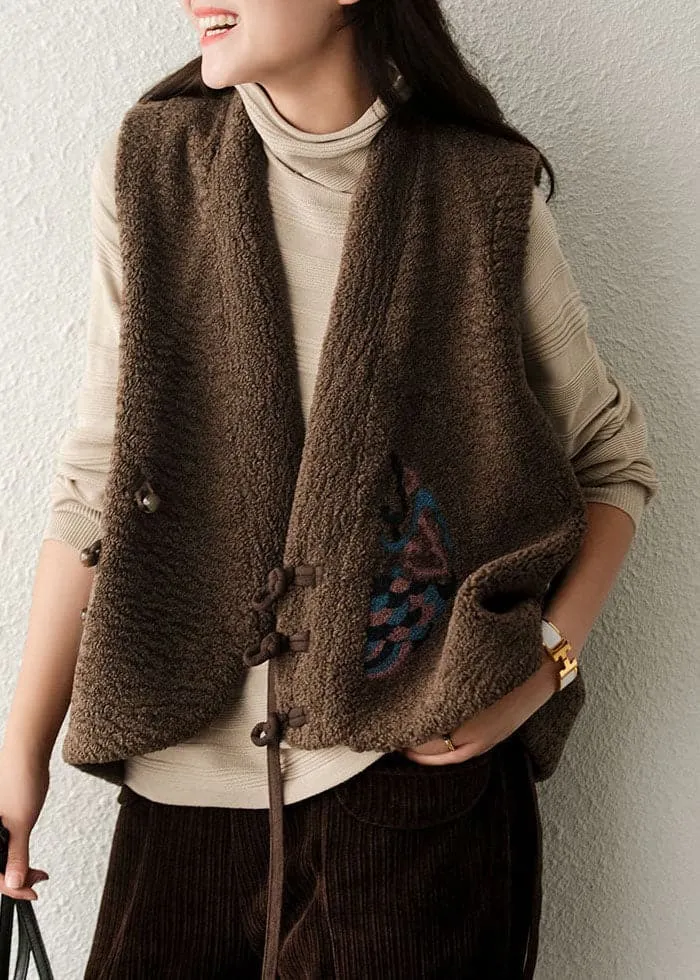 diy Coffee Embroideried asymmetrical design Faux Fur Vest Sleeveless