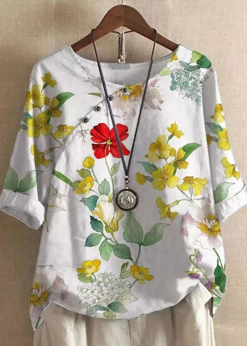 DIY Green O Neck Print Patchwork Cotton T Shirts Tops Summer LY7179