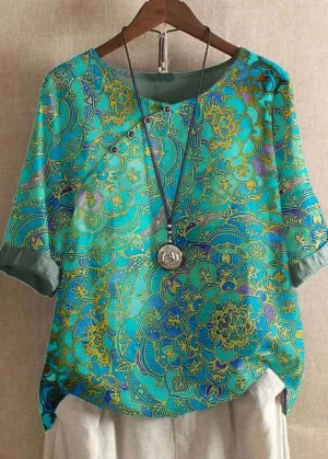 DIY Green O Neck Print Patchwork Cotton T Shirts Tops Summer LY7179