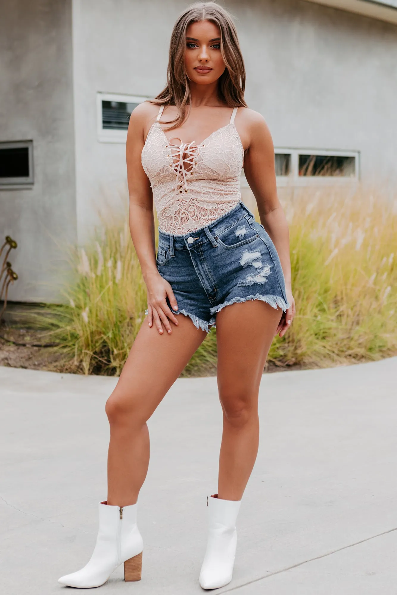 Dorinda Just Panmaco High-Low Distressed Denim Shorts (Medium Denim)