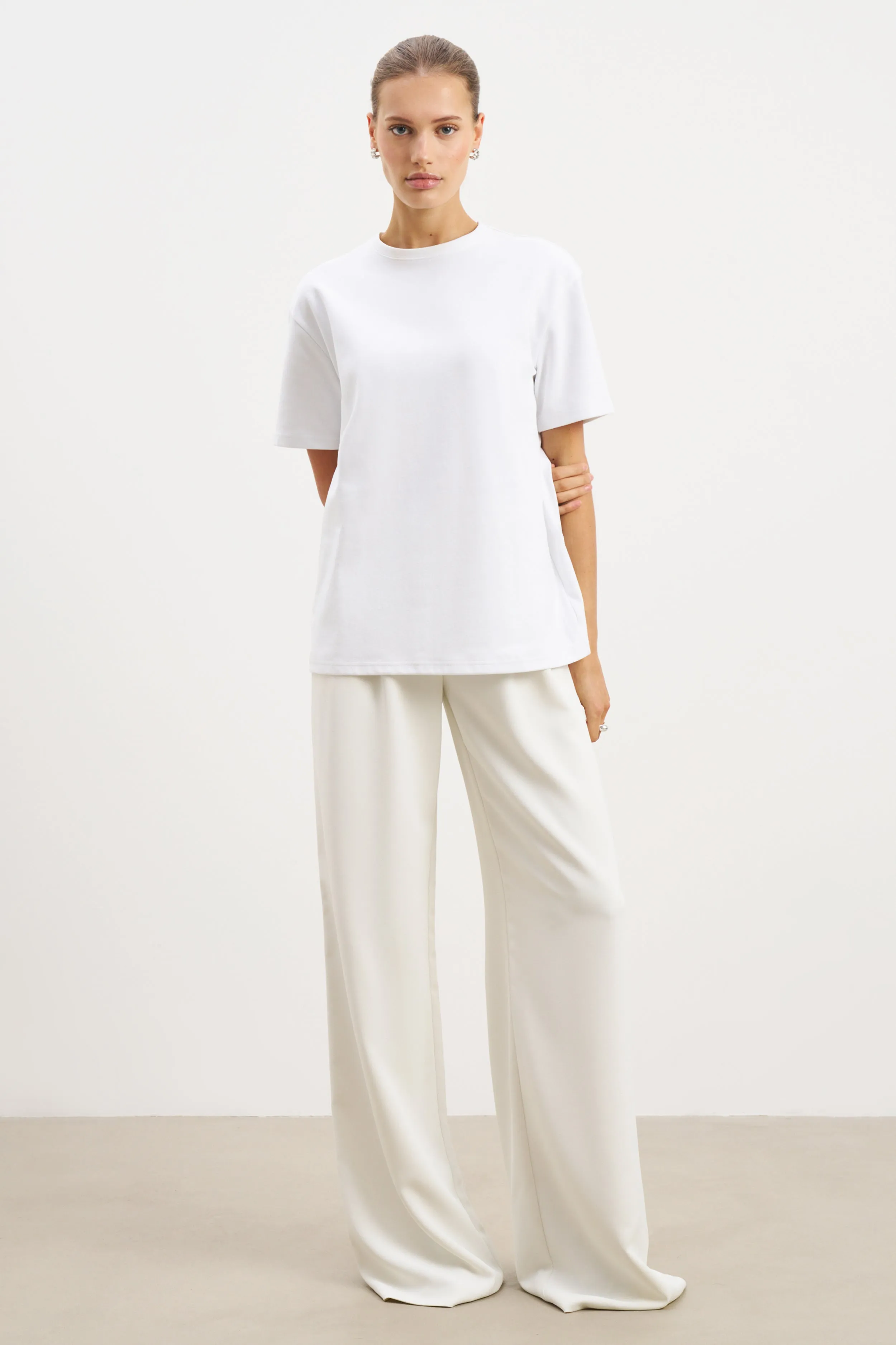 Oversized T Shirt - White StretchableKnit Tapered Side Panels