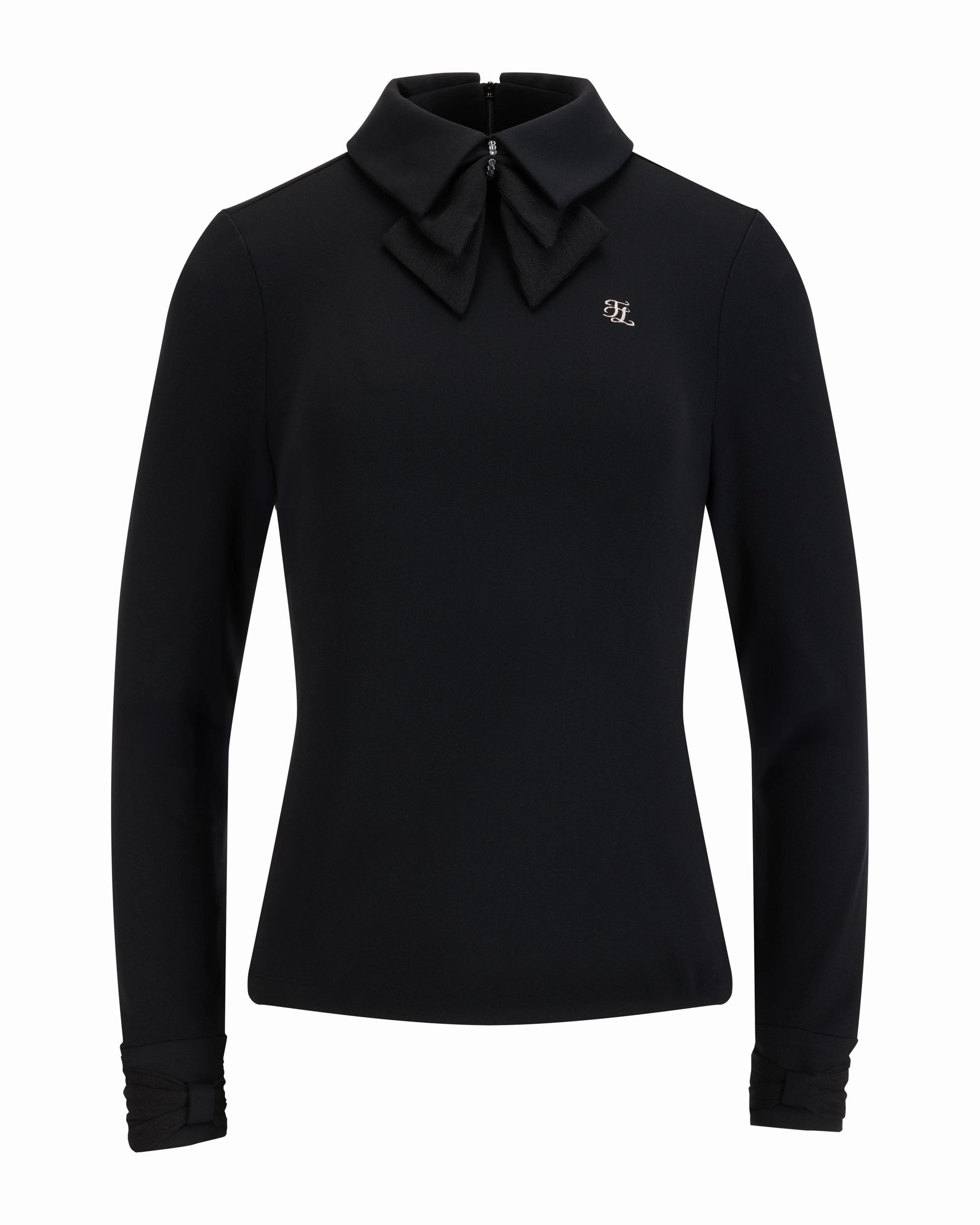Double chiffon ribbon collar T-shirt - Black ContrastPlacket ButterSoft Handfeel