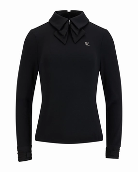Double chiffon ribbon collar T-shirt - Black ContrastPlacket ButterSoft Handfeel