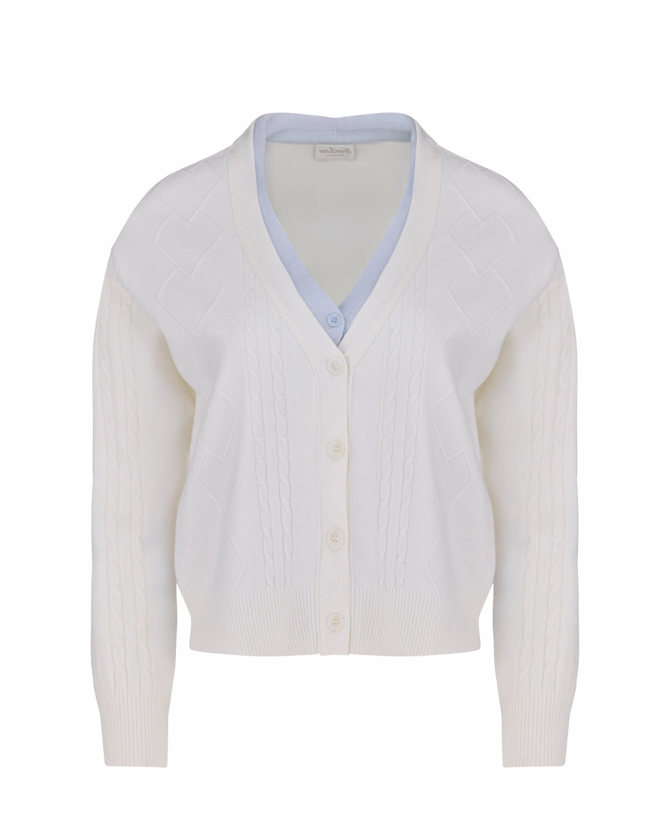 Ergonomic Shoulder Cut AntiStaticLining Double color v-neck cardigan - White
