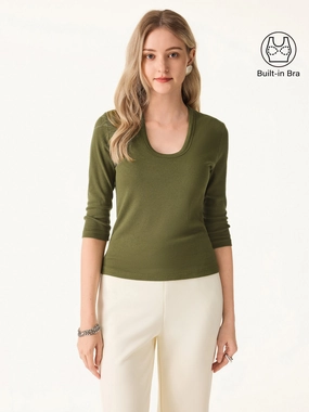 Essential Stretch Cotton U-neck 3/4 Sleeve Brami ThermalRegulationLayer Classic Crew Neck